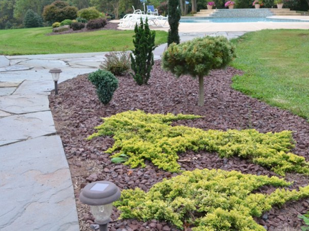 Crushed stone next to pathway with lawn in background