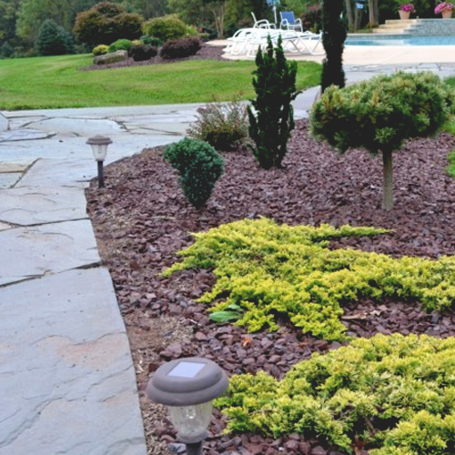 Red crushed stone with bushes along walkway to pool