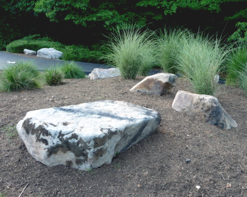 White stone boulders in mulch